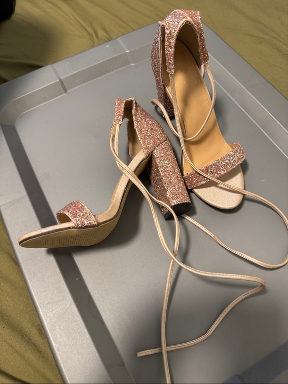 NWOT Glitter Block Heel Lace-Up Sandals - Pink